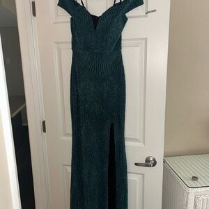 City Triangles Teal Glitter Prom Dress